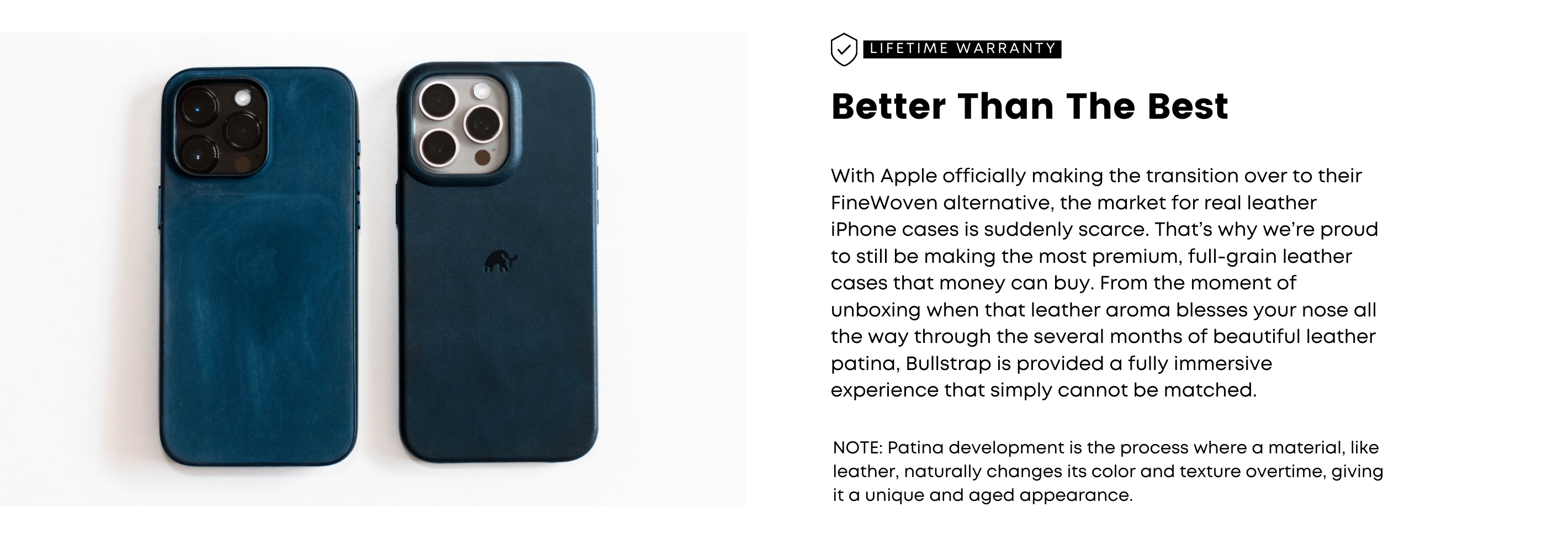 A blue leather iPhone case with a camera cutout, showcasing its texture and quality. Text: 'LIFETIME WARRANTY' and 'Better Than The Best' with product description.