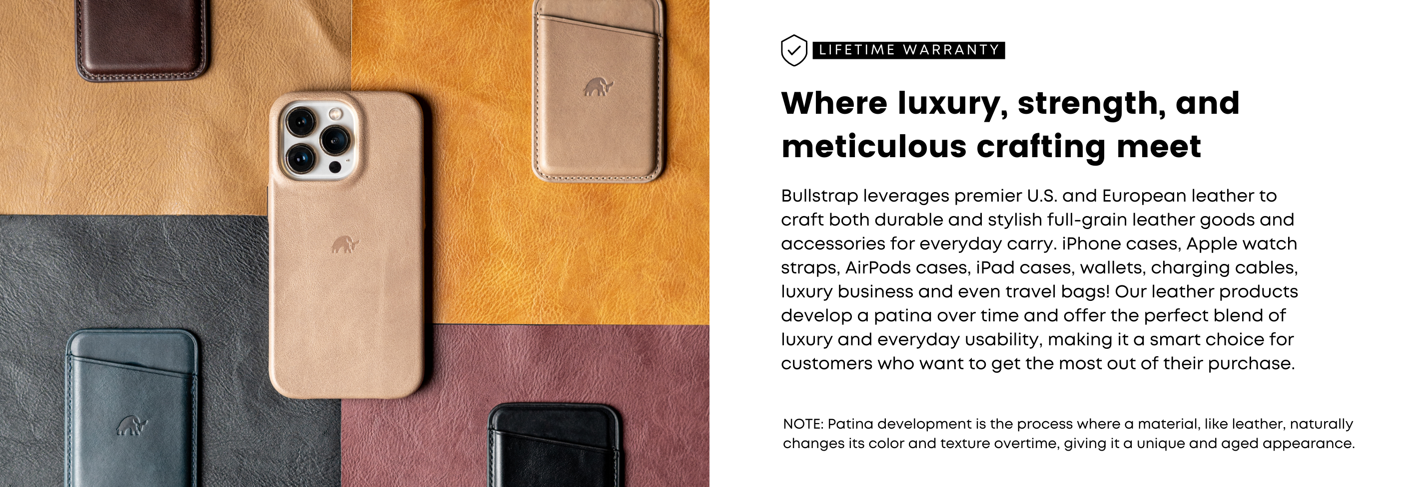 Leather cases and wallets; badge 'LIFETIME WARRANTY'; heading 'Where luxury, strength, and meticulous crafting meet'