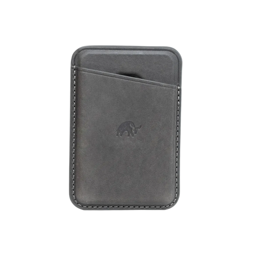 Slate leather magnetic wallet with a front pocket and embossed bull logo
