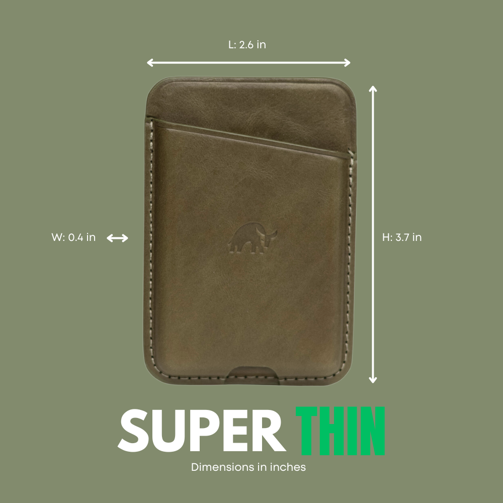 Leather NavSafe Wallet with dimensions: L: 2.6 in, W: 0.4 in, H: 3.7 in, labeled 'SUPER THIN'
