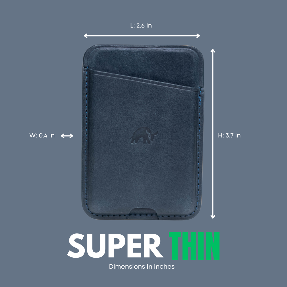 Leather NavSafe Wallet in Ocean color with dimensions: Length 2.6 in, Width 0.4 in, Height 3.7 in.