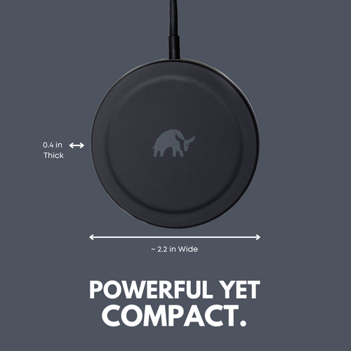 MagSafe charging puck with elephant logo, labeled '0.4 in Thick', '~ 2.2 in Wide', and 'POWERFUL YET COMPACT.'