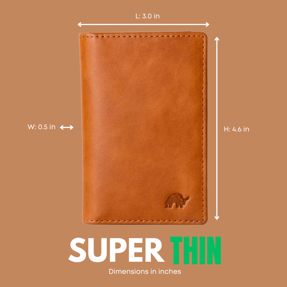 Tan leather wallet with embossed elephant logo; measurements L: 3.0 in, W: 0.5 in, H: 4.6 in; SUPER THIN; Dimensions in inches