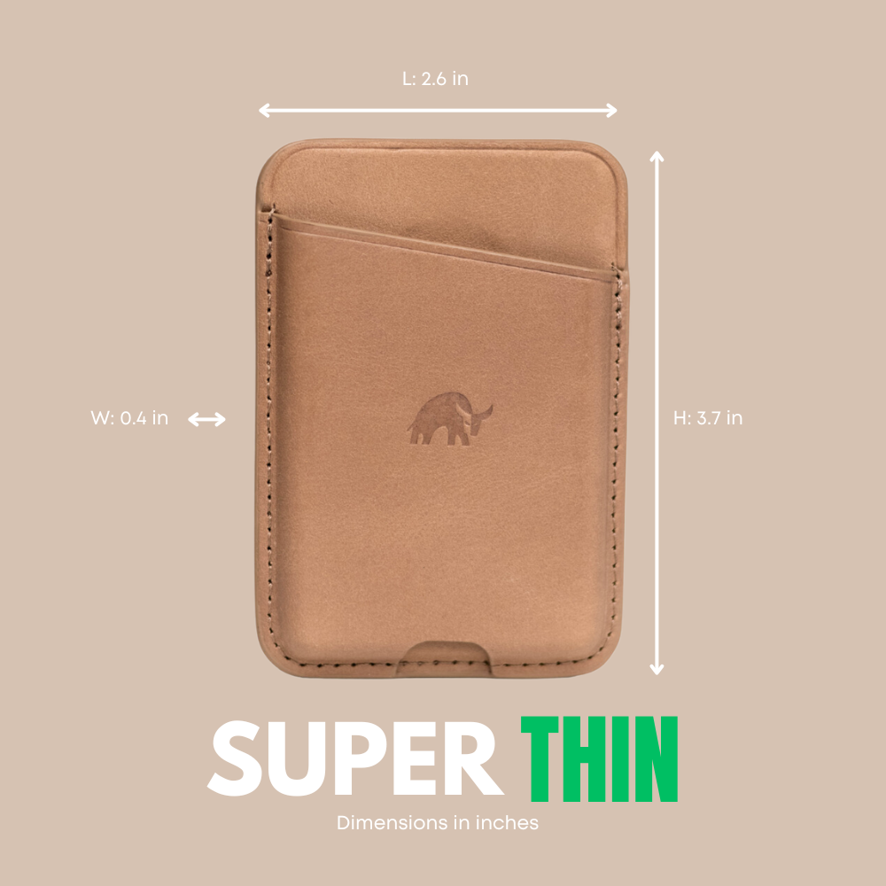 NavSafe leather wallet DUNE, elephant logo; L: 2.6 in, W: 0.4 in, H: 3.7 in; SUPER THIN; Dimensions in inches