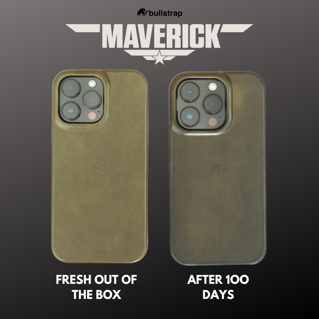 Two Maverick phone cases under bullstrap MAVERICK header, labeled FRESH OUT OF THE BOX (left) and AFTER 100 DAYS (right)