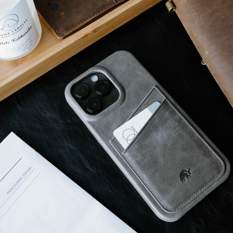 The Minimalist Portfolio Case in Slate color with card slot and camera cutout