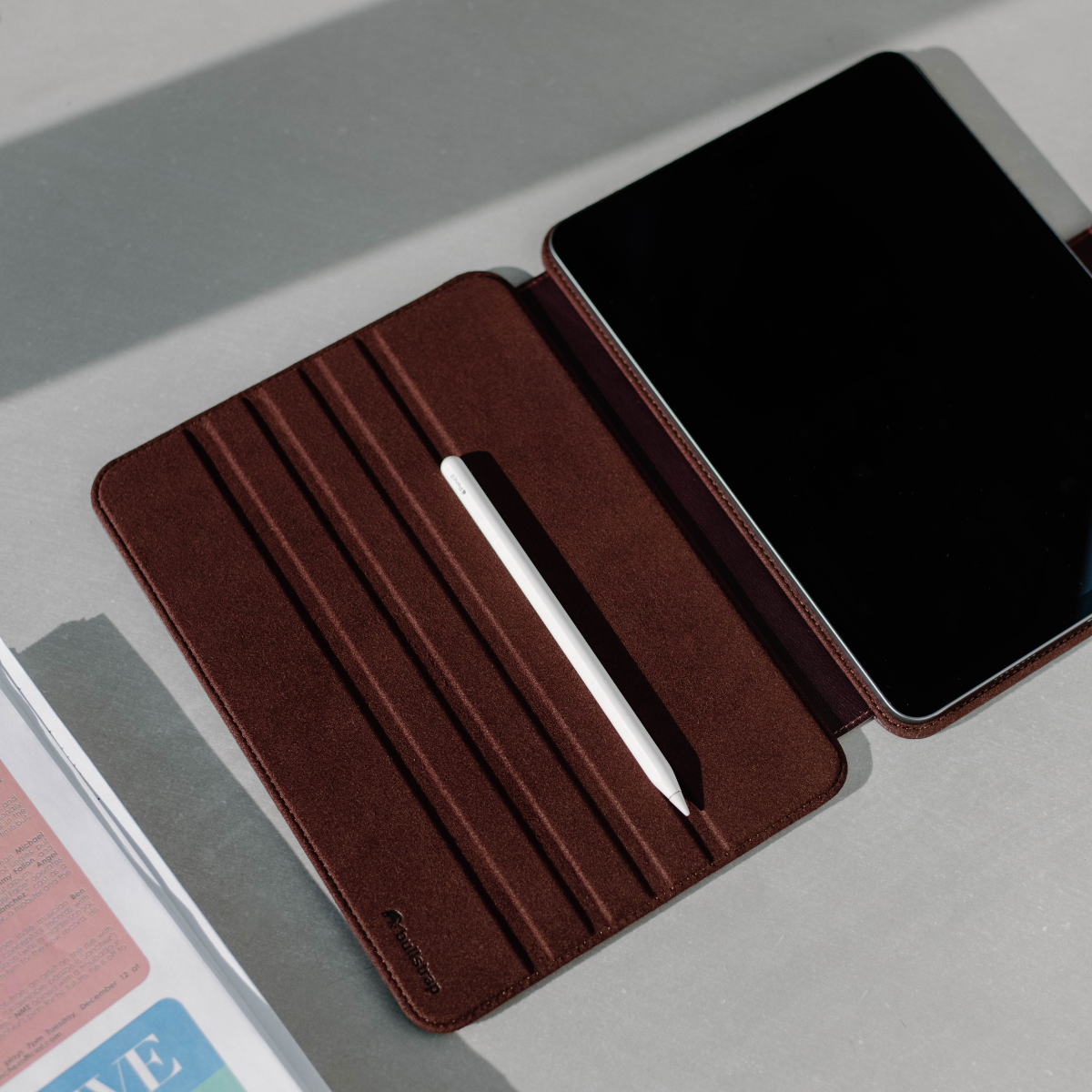 Leather iPad Case in dark brown with stylus holder