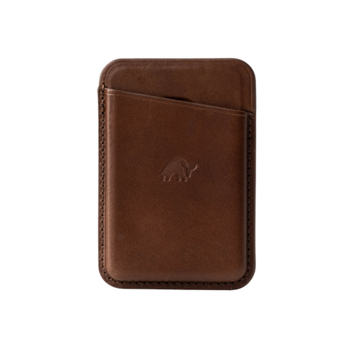 Front view of Leather Magnetic Wallet in Terra brown, showing exterior card pocket and embossed elephant logo on white background