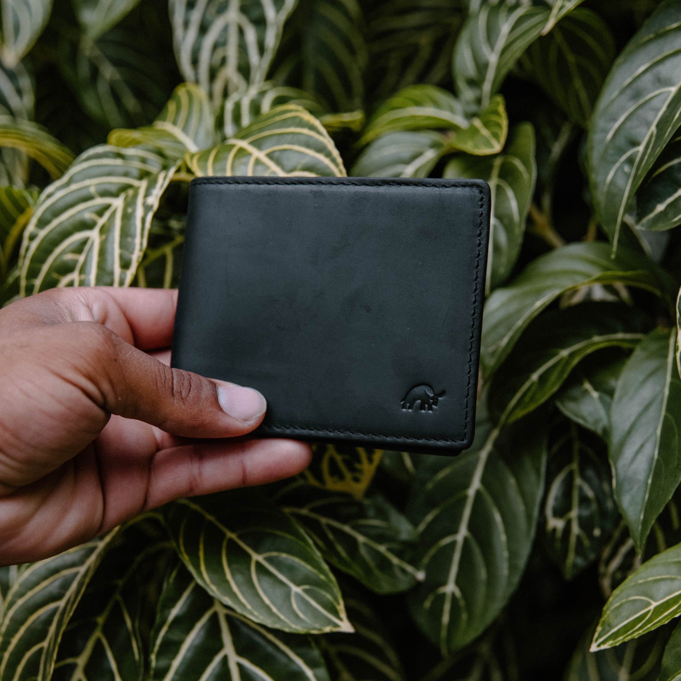 A person holding a black bifold wallet in front of green leaves.