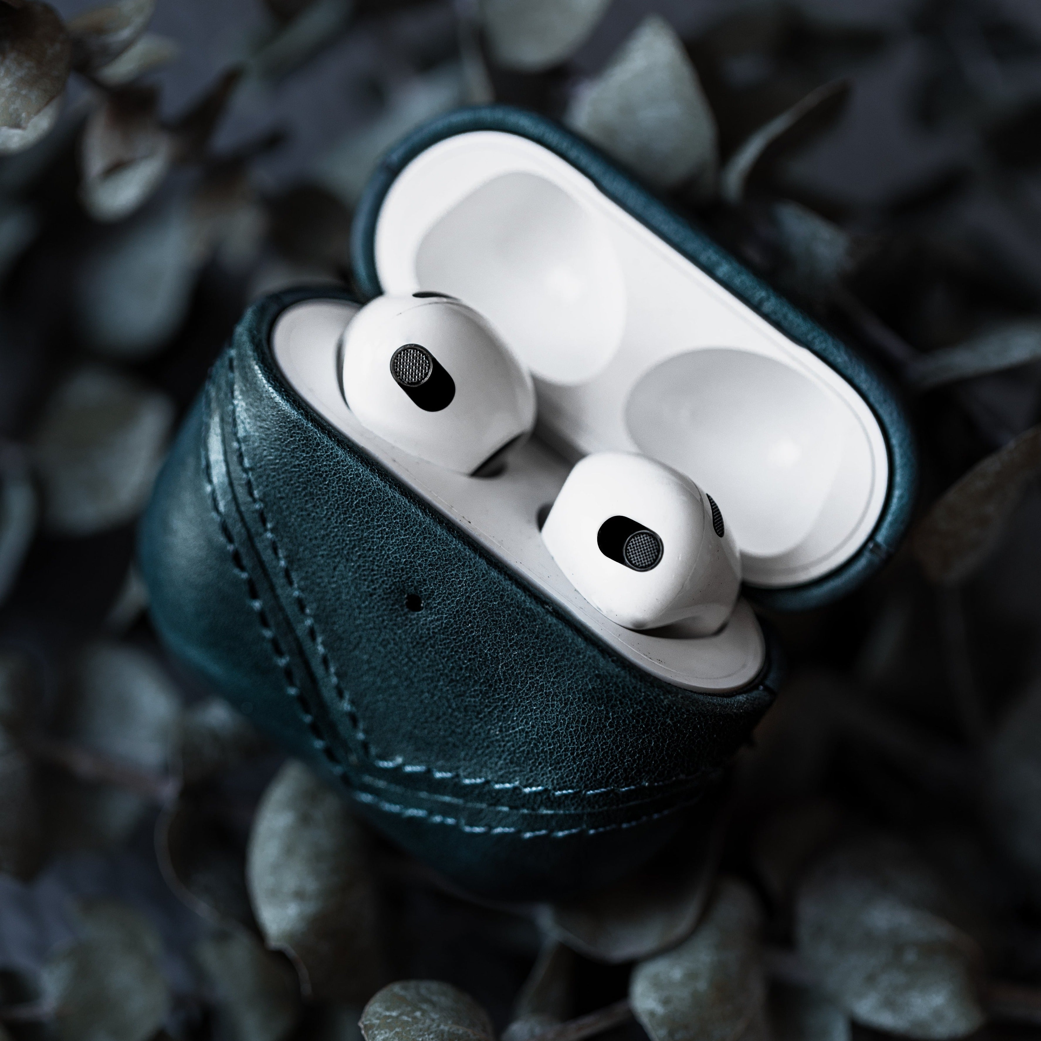 Leather AirPods case in ocean color resting on foliage, showing AirPods inside.
