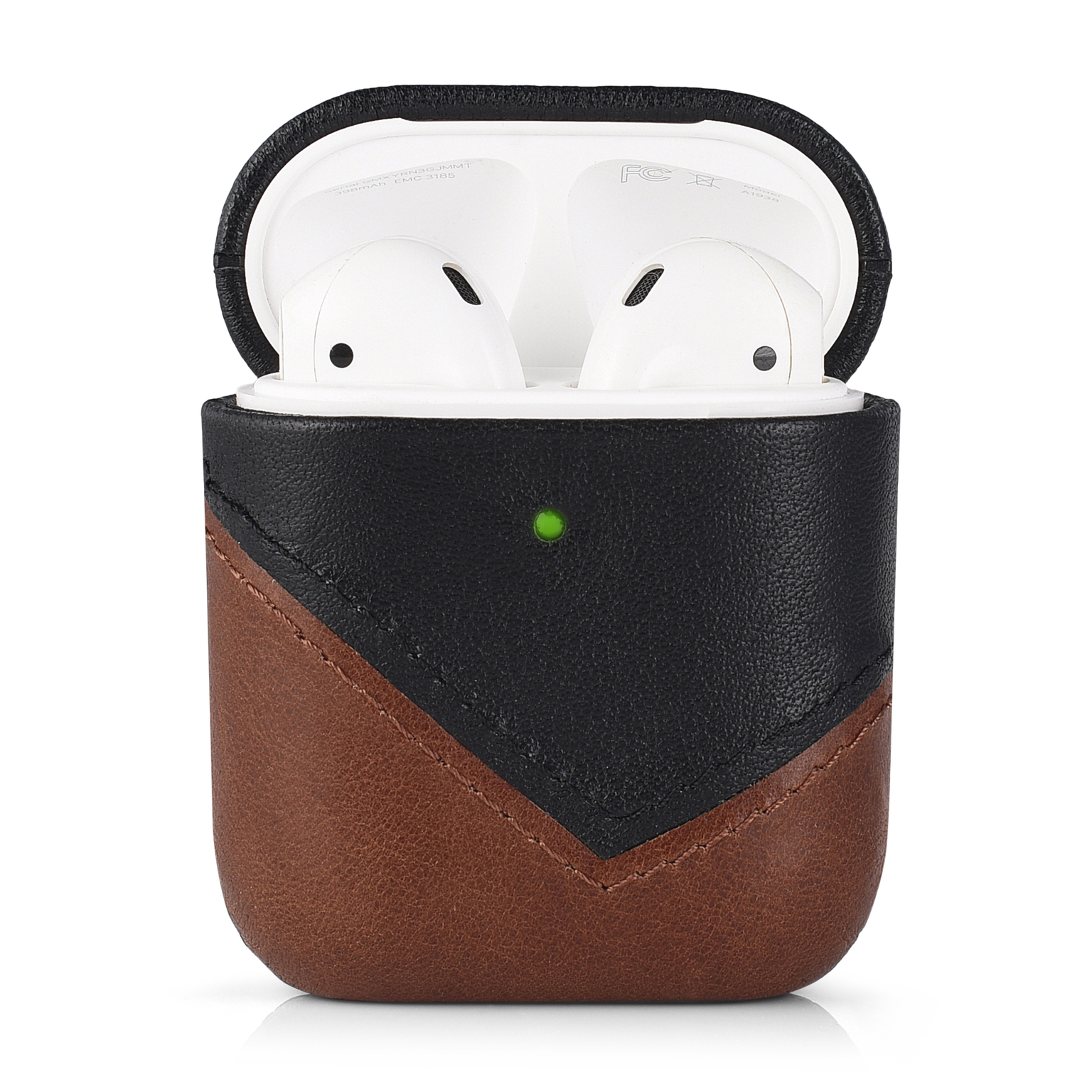 Two-tone brown and black leather AirPods case (TERRA), open showing white AirPods and green LED — FCC visible inside lid