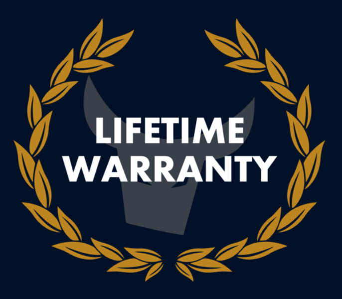 Bullstrap lifetime warranty badge with gold laurel wreath and dark bull silhouette on navy background