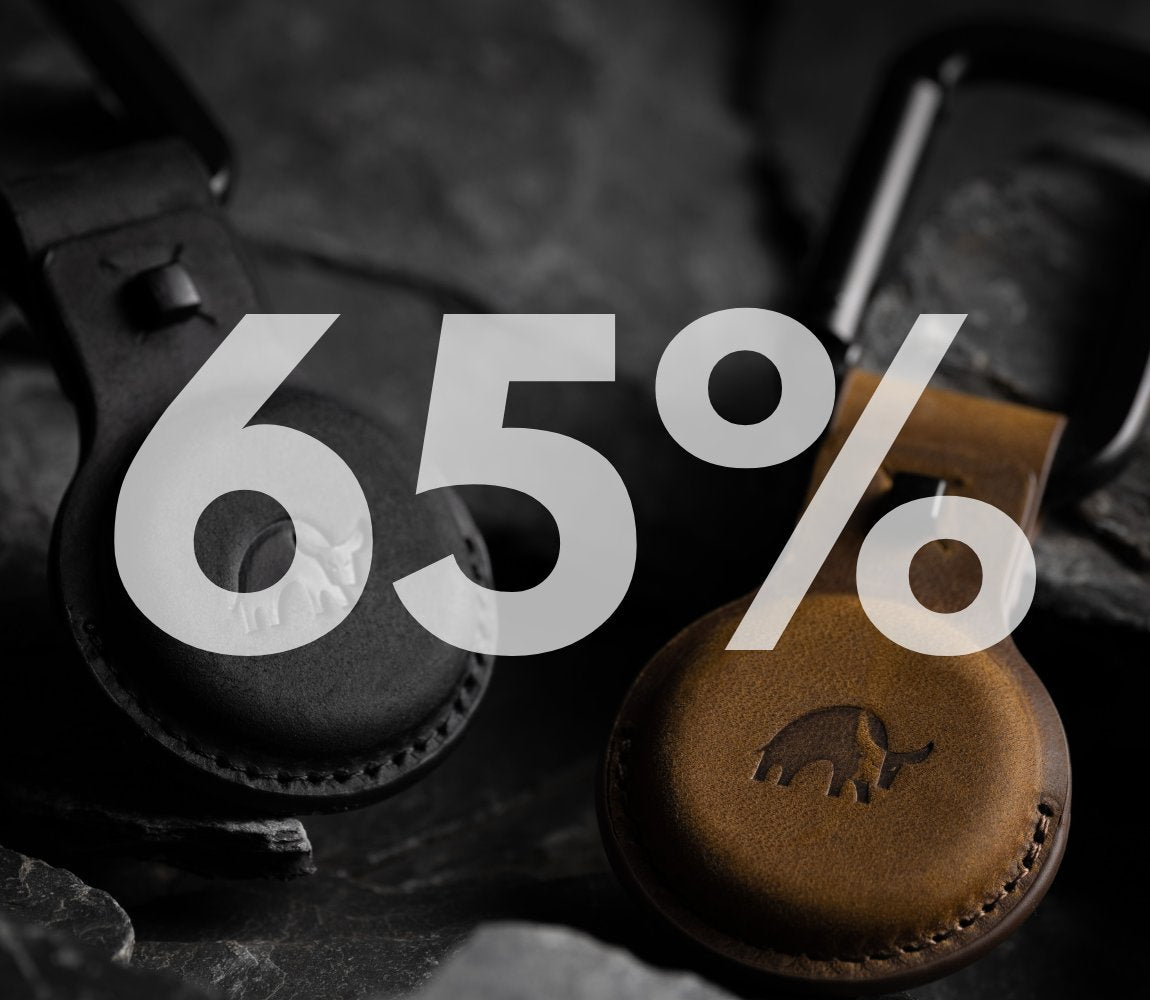 Two leather keychains with a percentage '65%' overlay.