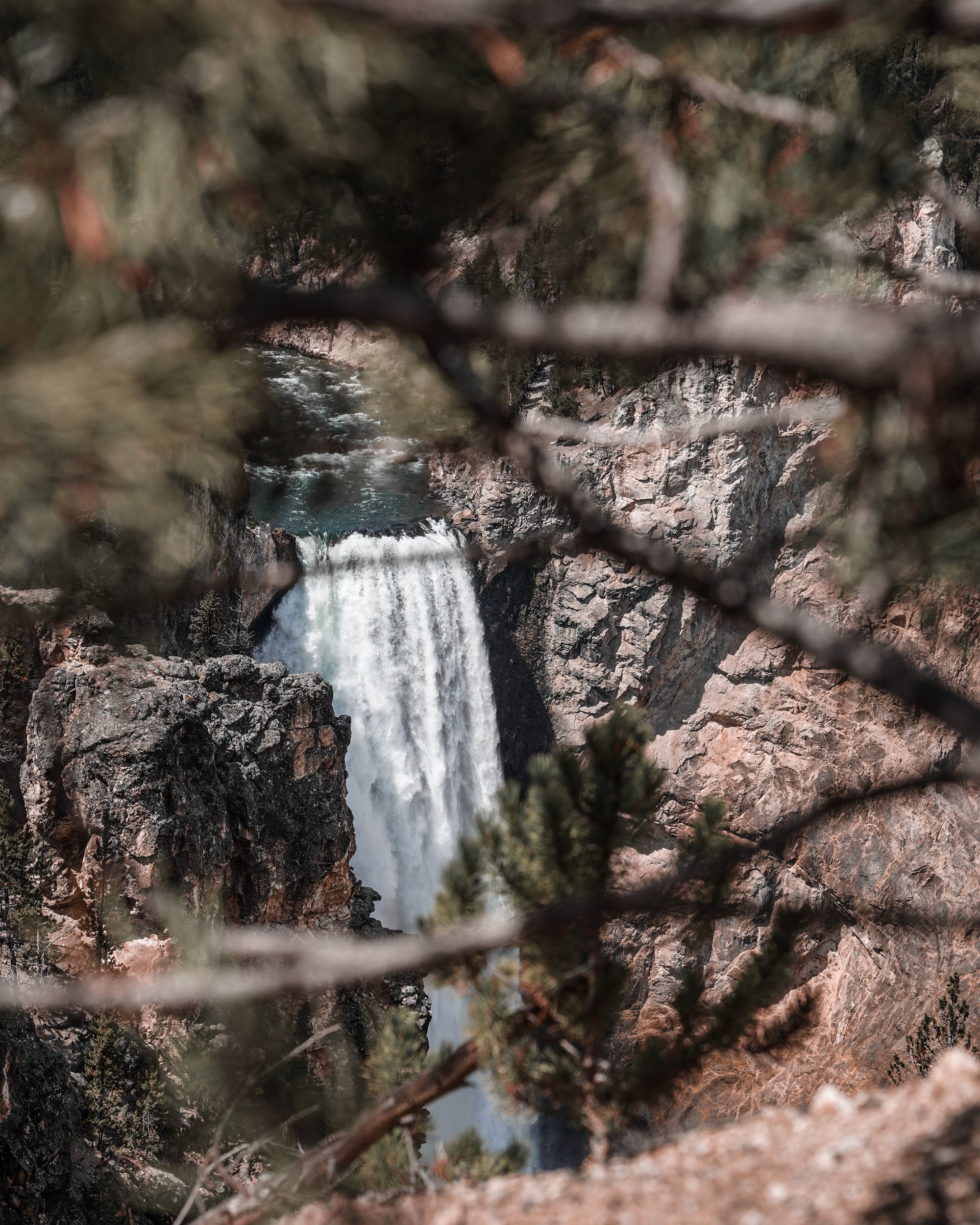 A waterfall cascading down a rocky cliff surrounded by trees.