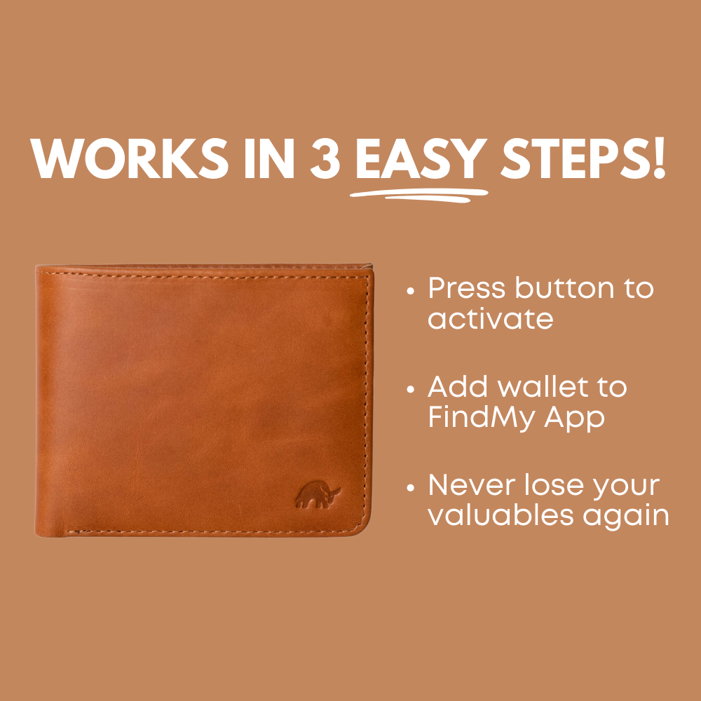 WORKS IN 3 EASY STEPS! Press button to activate Add wallet to FindMy App Never lose your valuables again