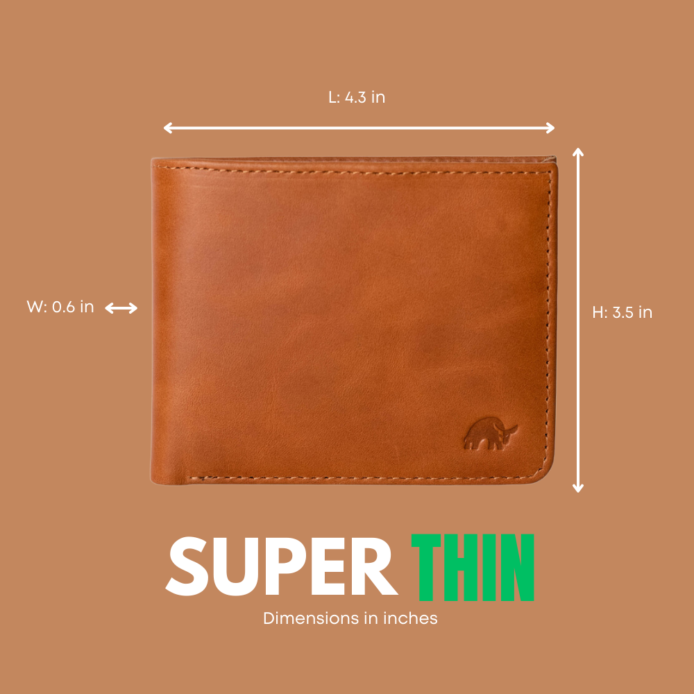 Sienna leather bifold wallet, L: 4.3 in; H: 3.5 in; W: 0.6 in — SUPER THIN. Dimensions in inches