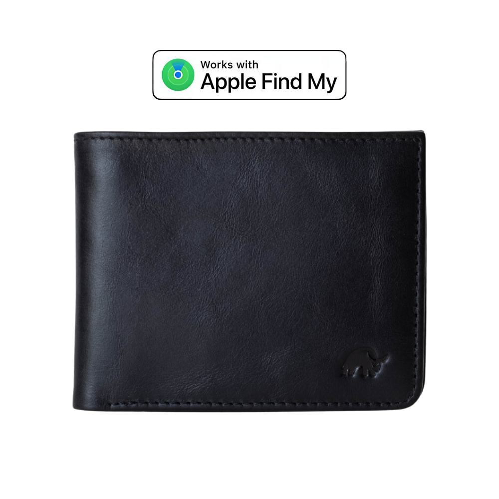 Leather Nav Bifold Wallet - BLACK EDITION with 'Works with Apple Find My' label