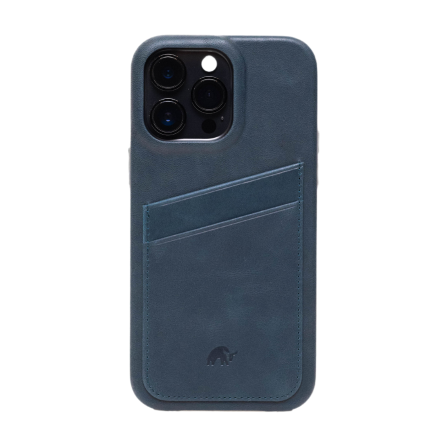 Front view of The Minimalist Portfolio Case in Ocean showing diagonal card pocket, leather texture, embossed logo on white background