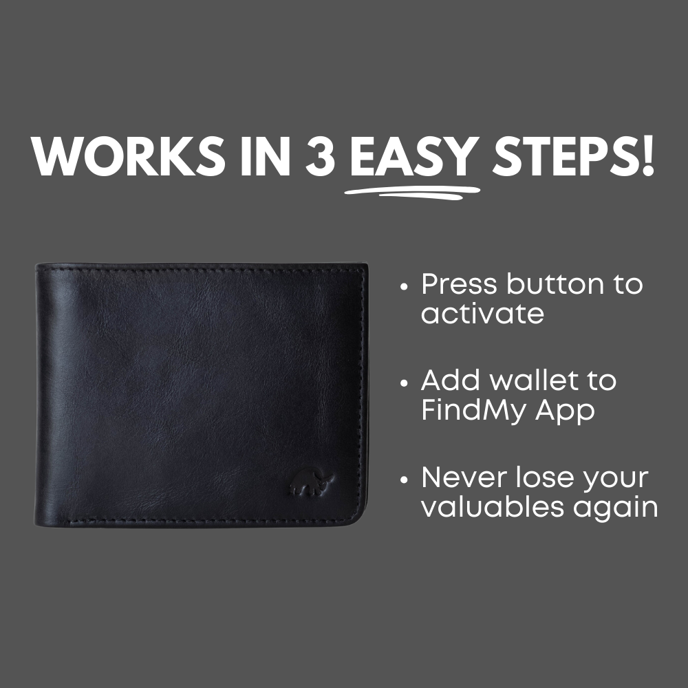 Black wallet; WORKS IN 3 EASY STEPS! Press button to activate; Add wallet to FindMy App; Never lose your valuables again.