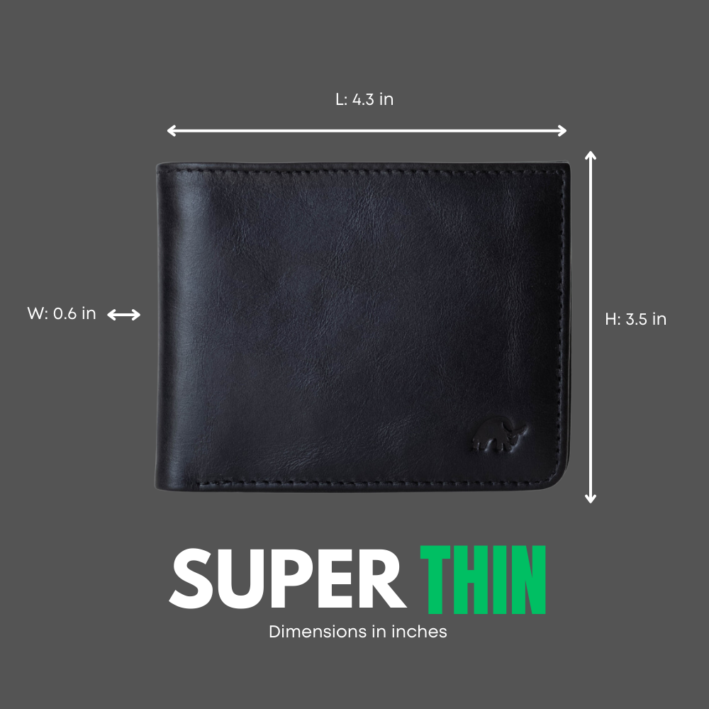 Black leather bifold wallet; L: 4.3 in, W: 0.6 in, H: 3.5 in; SUPER THIN; Dimensions in inches