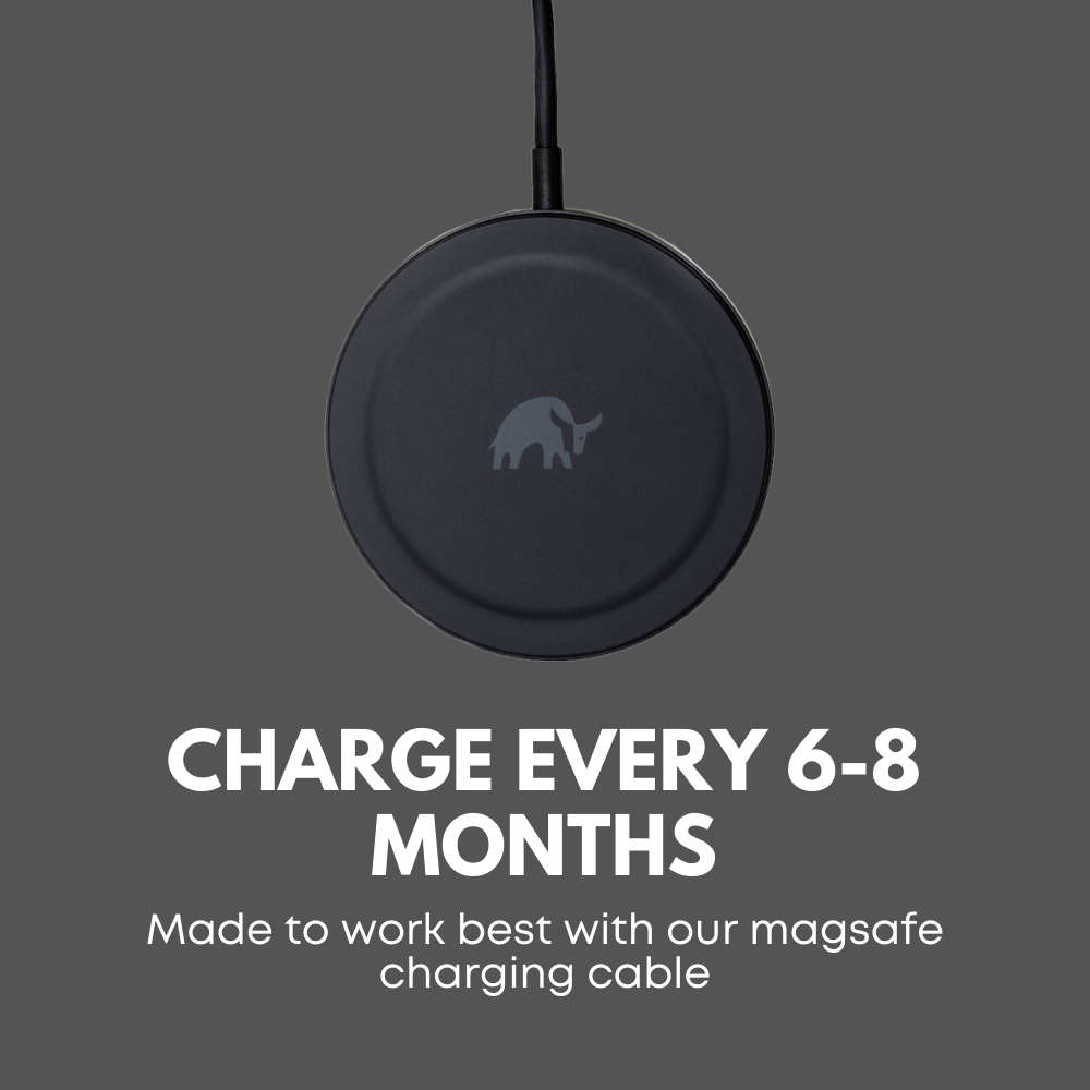Round wireless charger with elephant logo — CHARGE EVERY 6-8 MONTHS Made to work best with our magsafe charging cable