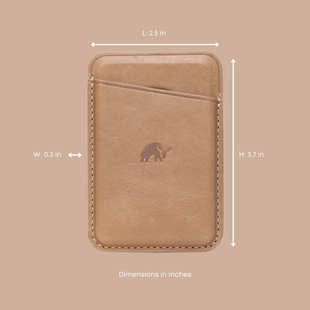 Dune leather magnetic wallet, front view with embossed logo; L: 2.5 in; W: 0.3 in; H: 3.7 in; Dimensions in inches