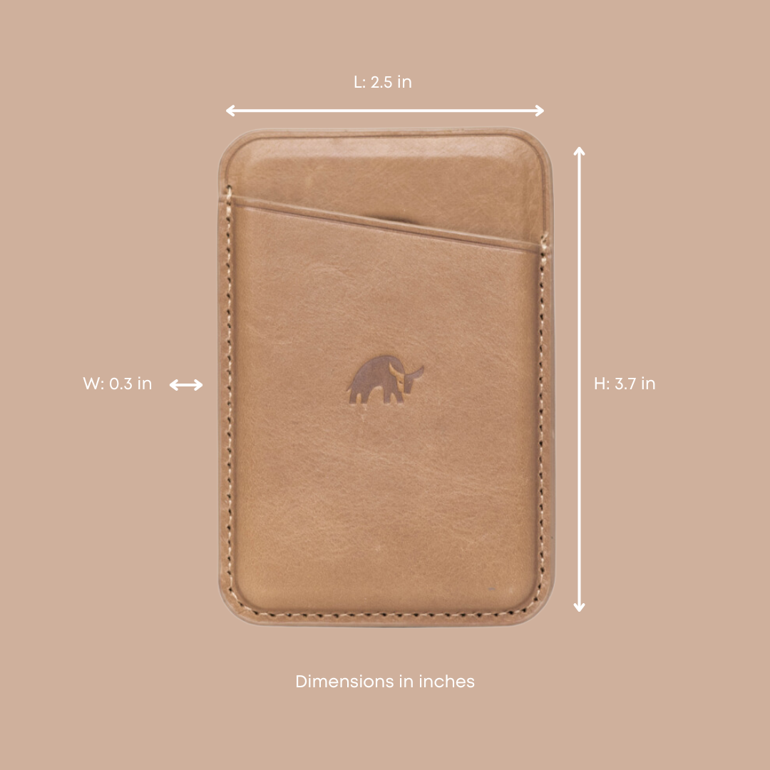 Dune leather magnetic wallet, front view with embossed logo; L: 2.5 in; W: 0.3 in; H: 3.7 in; Dimensions in inches