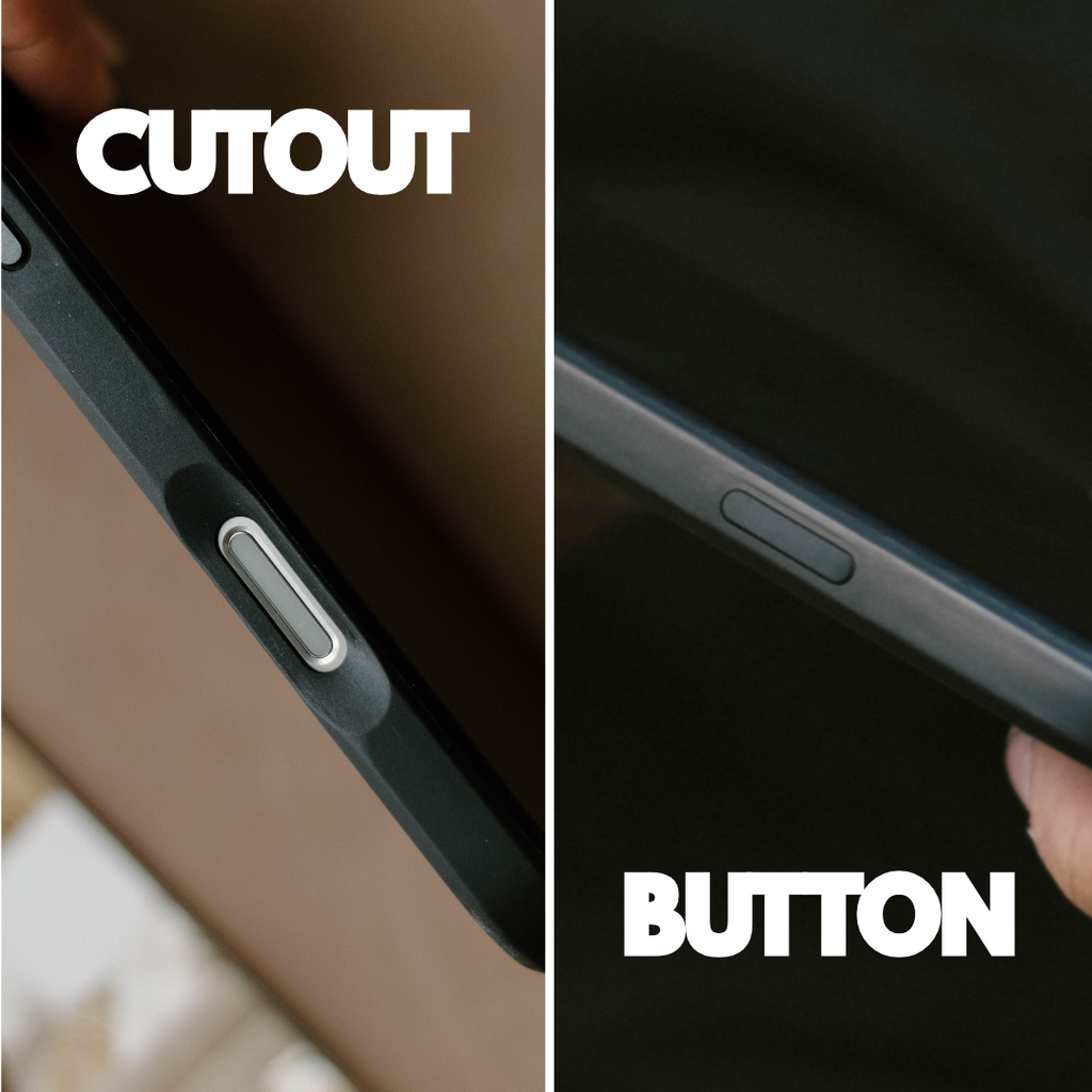 Close-up of a black phone case showing a cutout around the side button, with the words 'CUTOUT' and 'BUTTON' in white text on the image.
