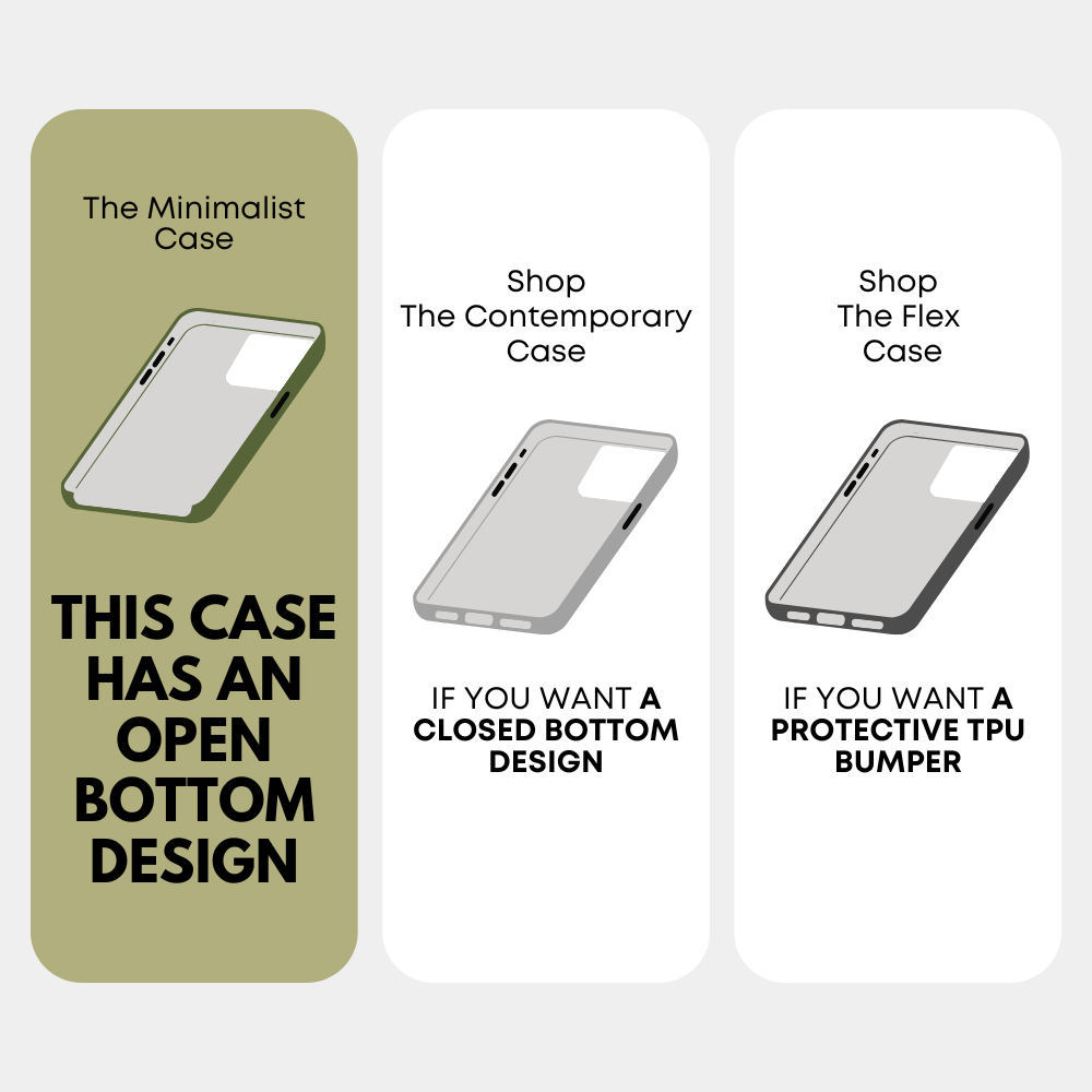 Three-panel comparison: olive minimalist open-bottom case; light-gray closed-bottom case; dark-gray case with TPU bumper.