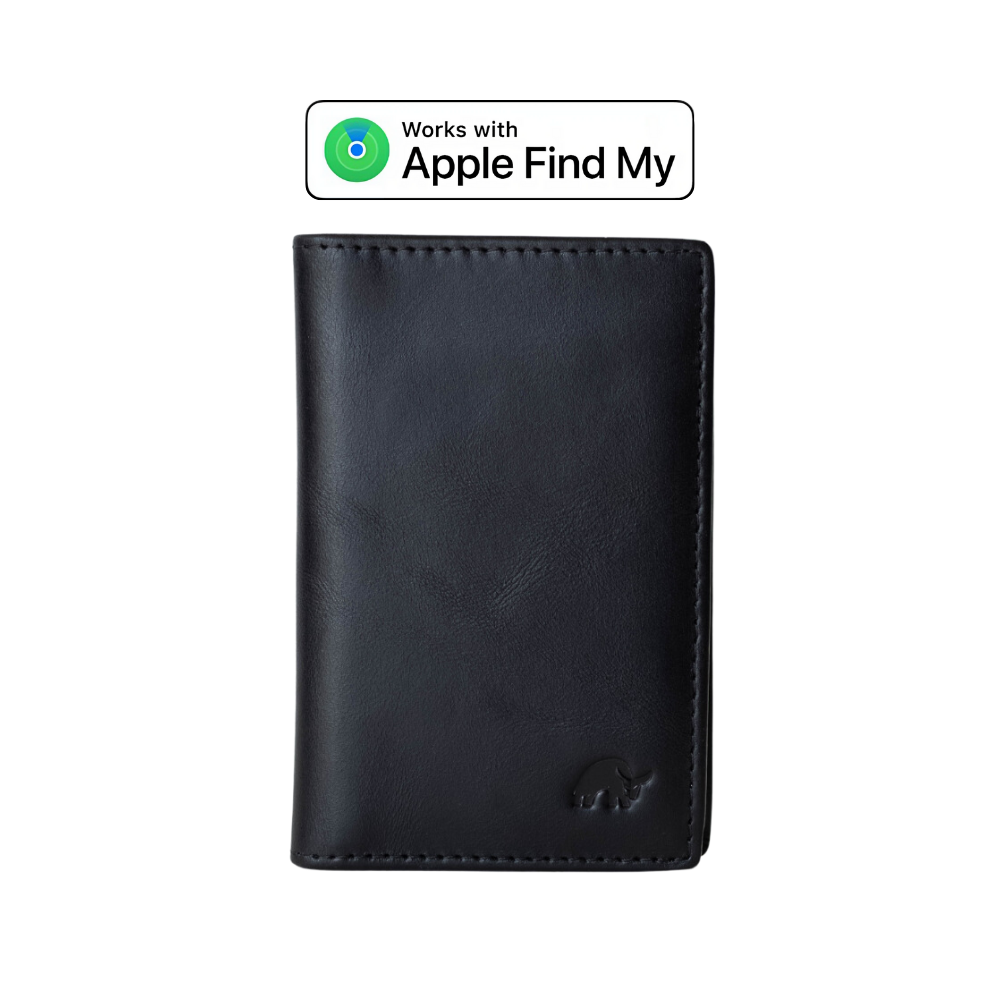 Black leather wallet with Apple Find My compatibility