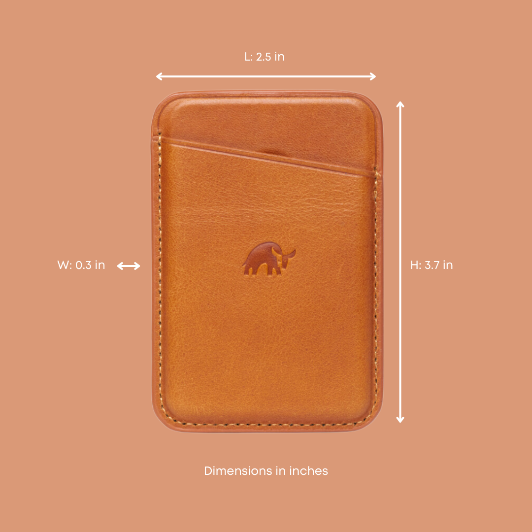 Leather Magnetic Wallet in Sienna color with dimensions L: 2.5 in, W: 0.3 in, H: 3.7 in and an embossed bull logo
