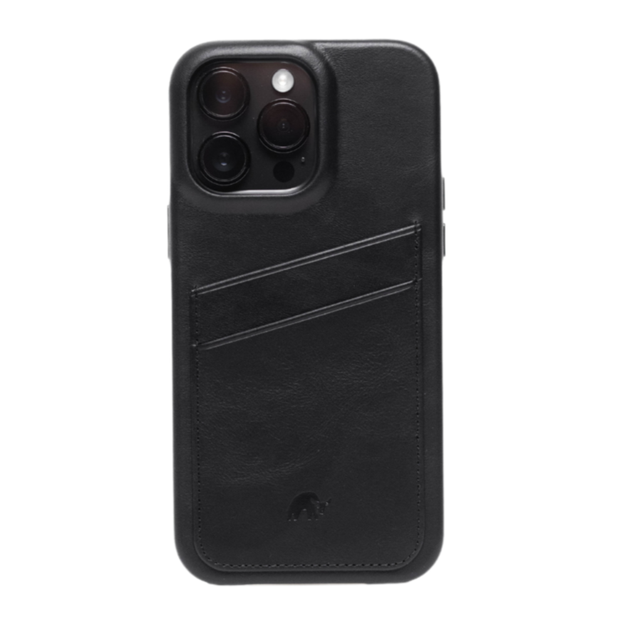 Back view of The Minimalist Portfolio Case black leather phone case with two diagonal card slots on white background