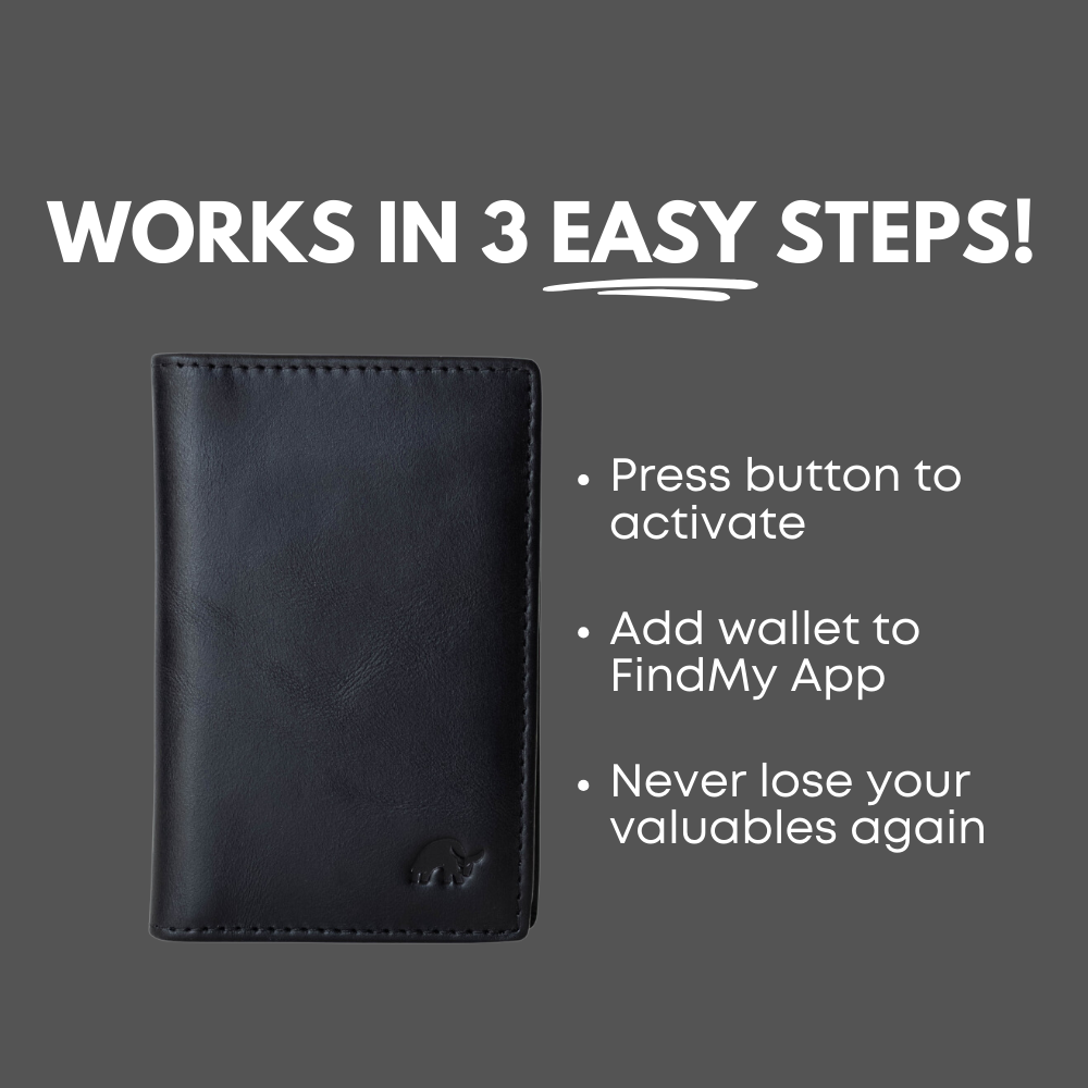 Black wallet; WORKS IN 3 EASY STEPS! Press button to activate. Add wallet to FindMy App. Never lose your valuables again