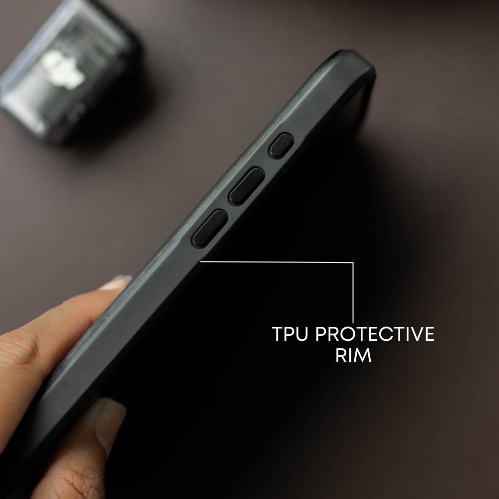 Side view of The Flex Case showing TPU protective rim and buttons.