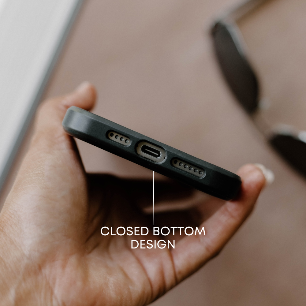Black Flex Case bottom showing charging port cutout; text overlay: 'CLOSED BOTTOM DESIGN'.