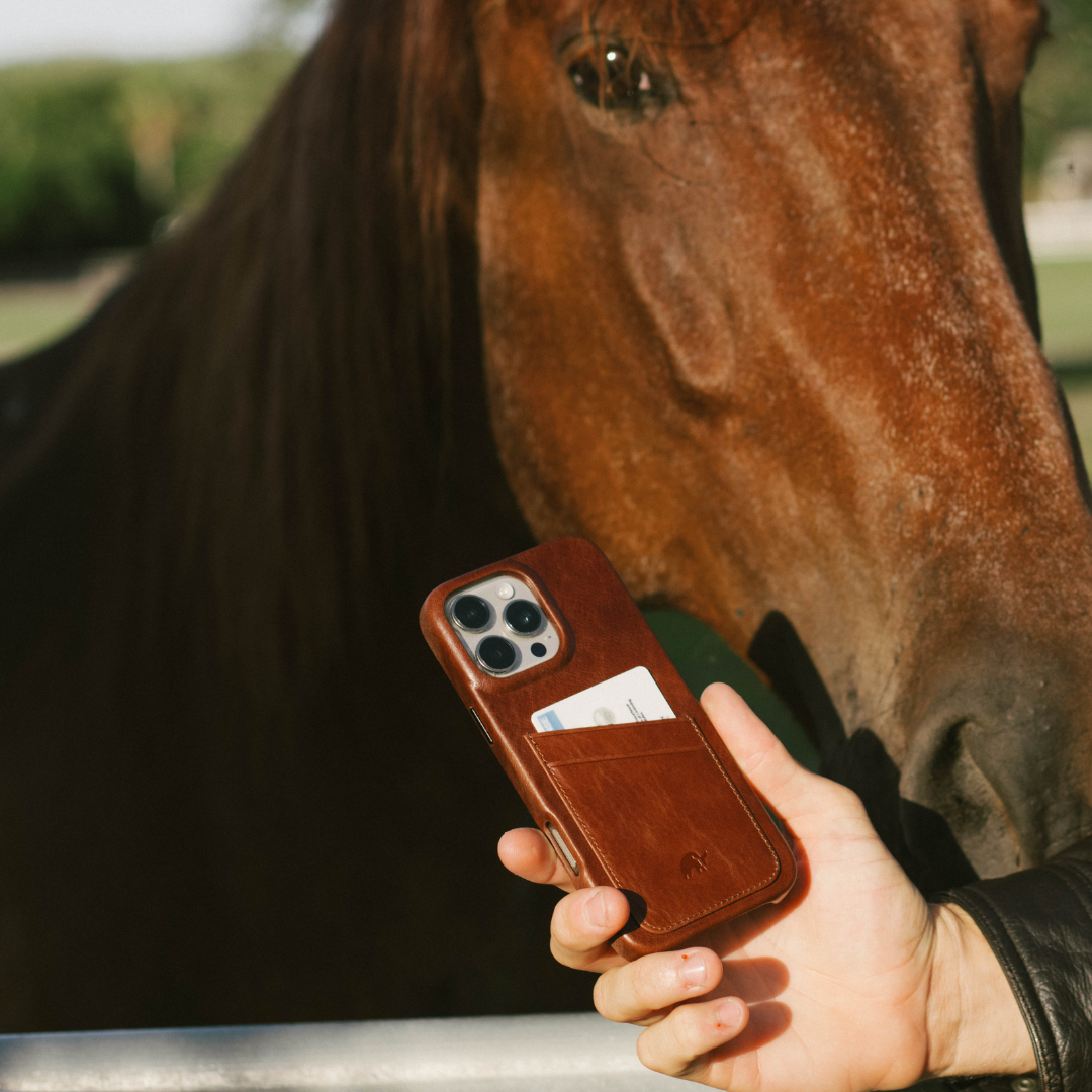 Hand holding brown leather wallet phone case with card in pocket beside a horse's face