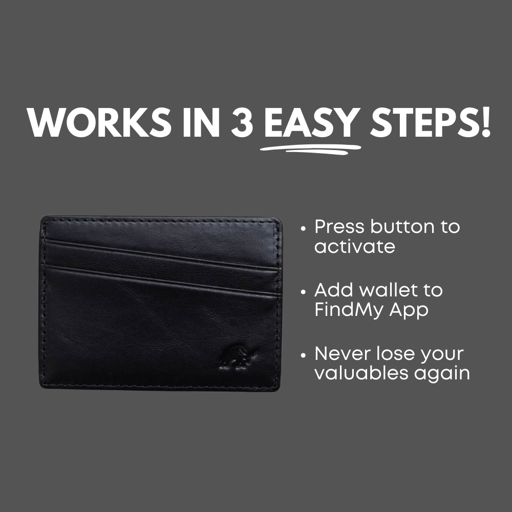 WORKS IN 3 EASY STEPS! Press button to activate. Add wallet to FindMy App. Never lose your valuables again.