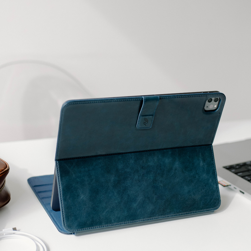 OCEAN iPad case in blue leather, showing back and stand features