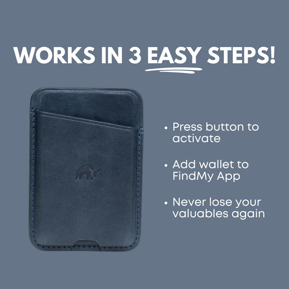 Leather NavSafe Wallet with instructions: Works in 3 easy steps! Press button to activate, add wallet to FindMy App, never lose your valuables again.