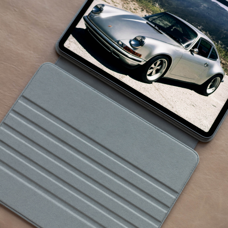 Leather iPad Case - SLATE with a silver car on the screen