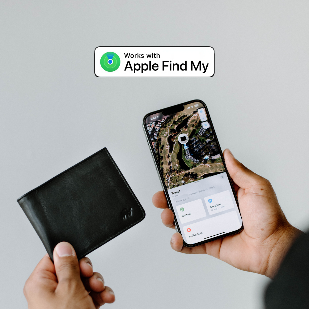 Works with Apple Find My - phone showing map and Wallet card: Wallet; Contact; Directions; Notifications