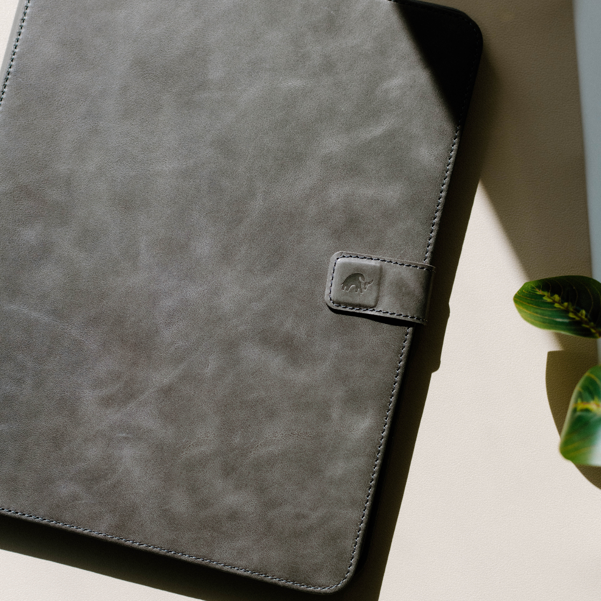 Gray leather iPad case with a clasp, placed on a light surface next to a plant.