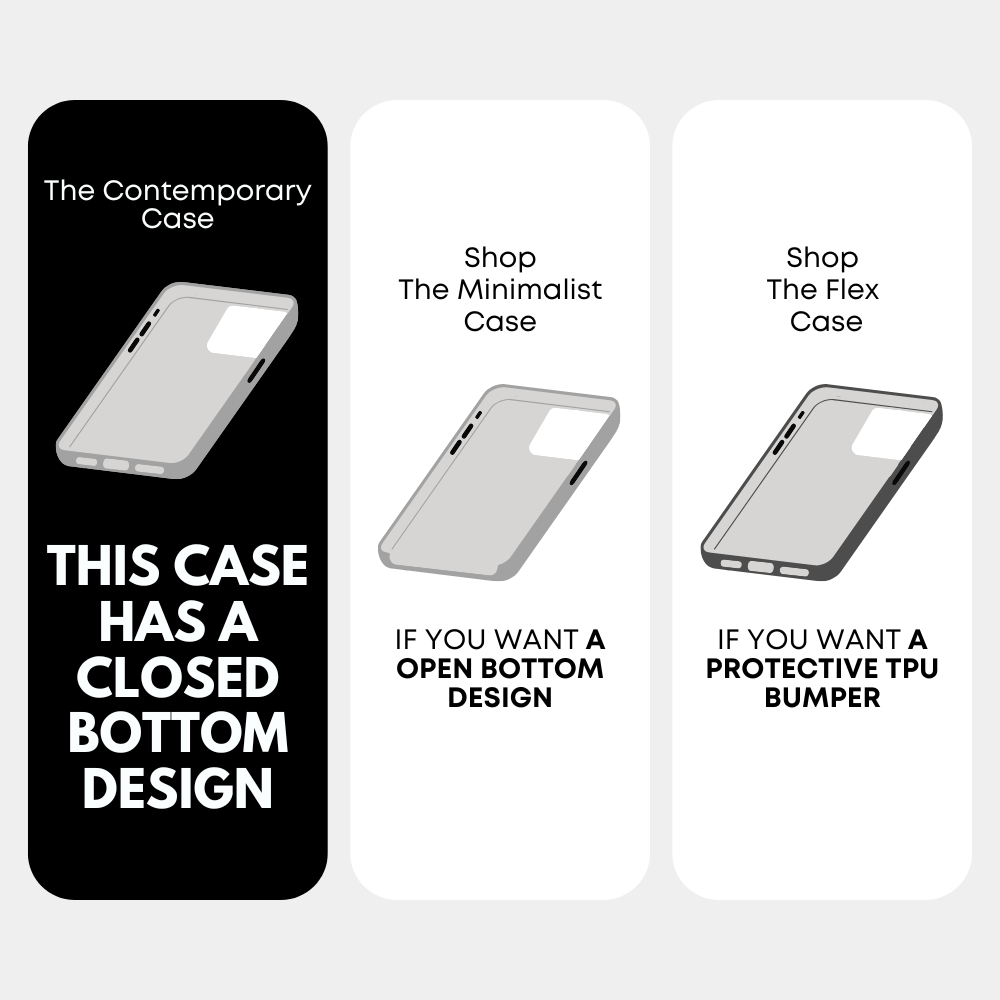 Three vertical panels comparing Contemporary (closed-bottom), Minimalist (open-bottom), and Flex (PU bumper) cases.