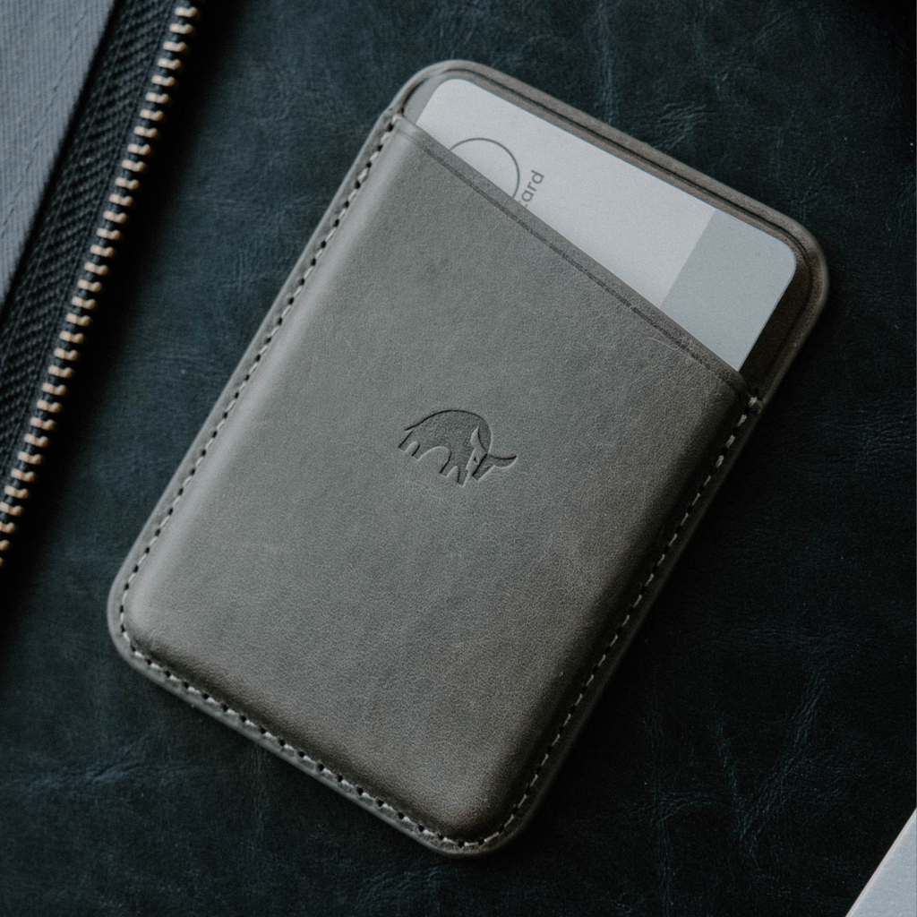 Leather Magnetic Wallet in Slate color with card partially visible