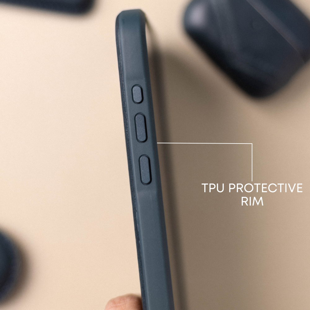 Side profile of The Flex Case — OCEAN, showing TPU PROTECTIVE RIM and three tactile side buttons.