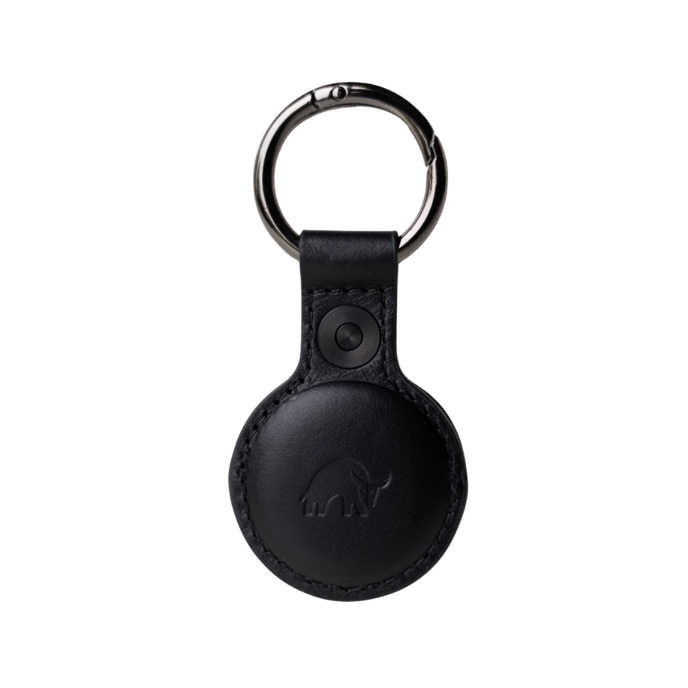 Black leather keychain holder for AirTag featuring a bull logo