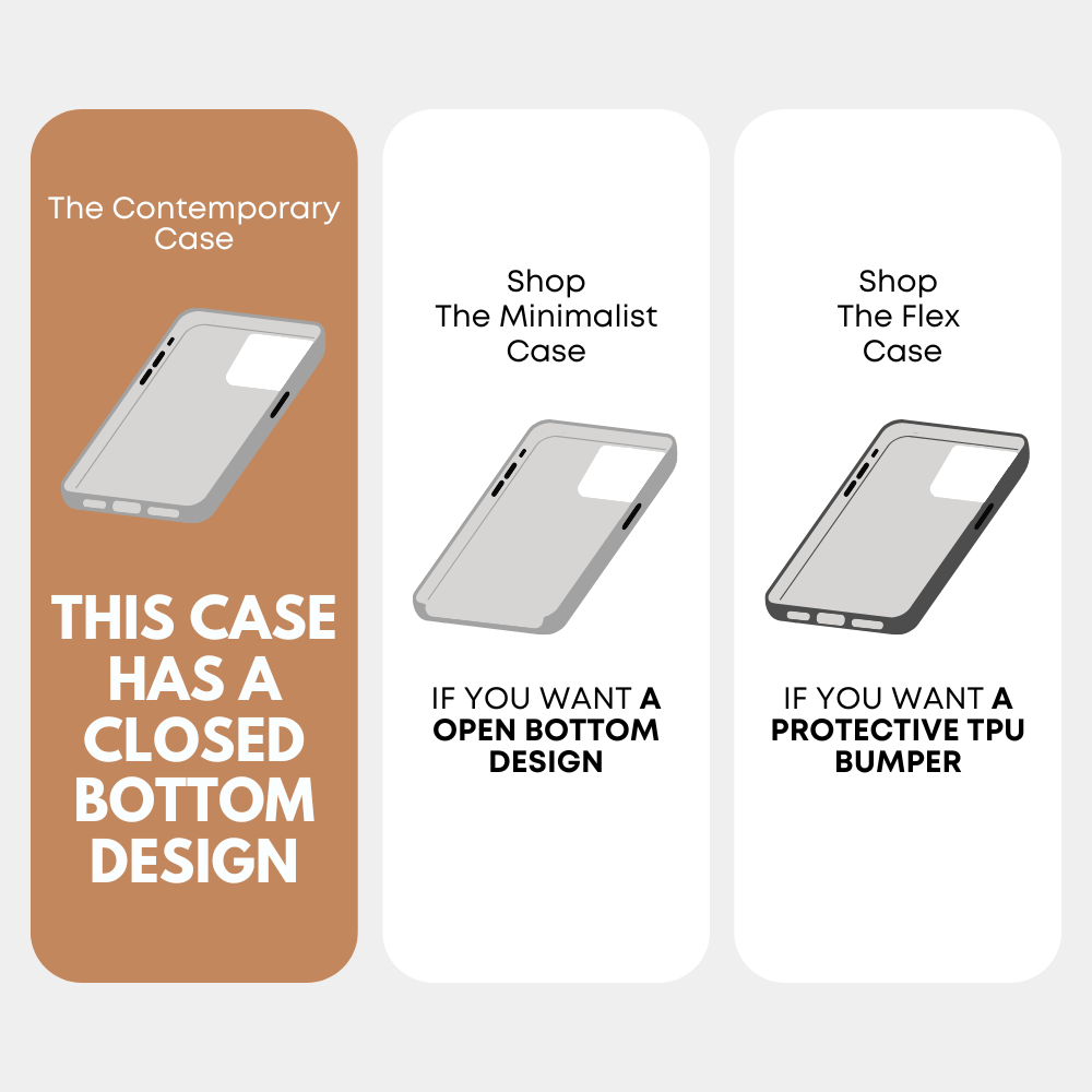 Three-panel graphic comparing phone cases: Contemporary (closed-bottom), Minimalist (open bottom), and Flex (TPU bumper)