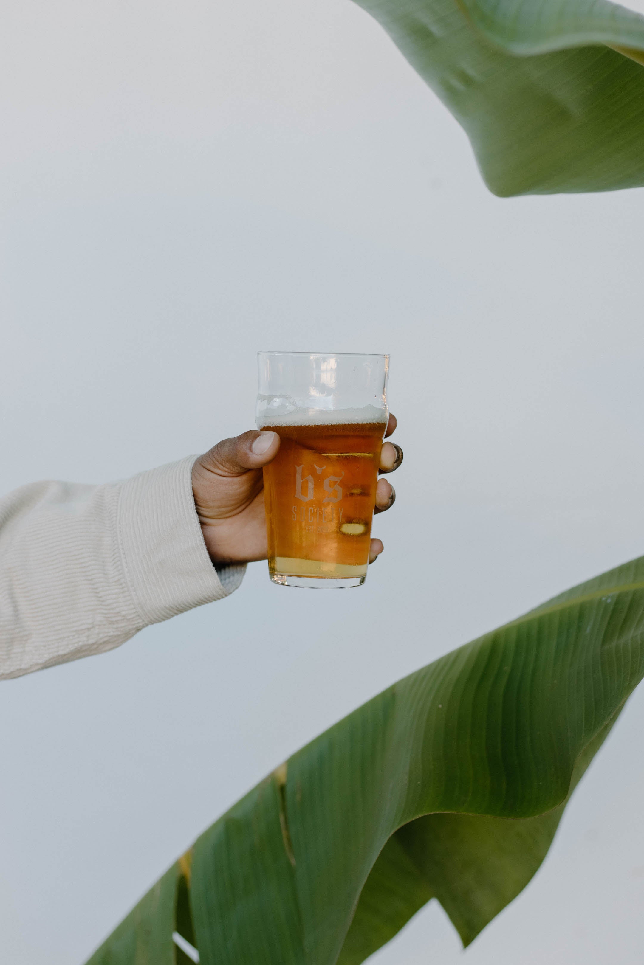 Hand holding a pint glass of beer etched with b's SOCIETY, pale background with large green leaves.