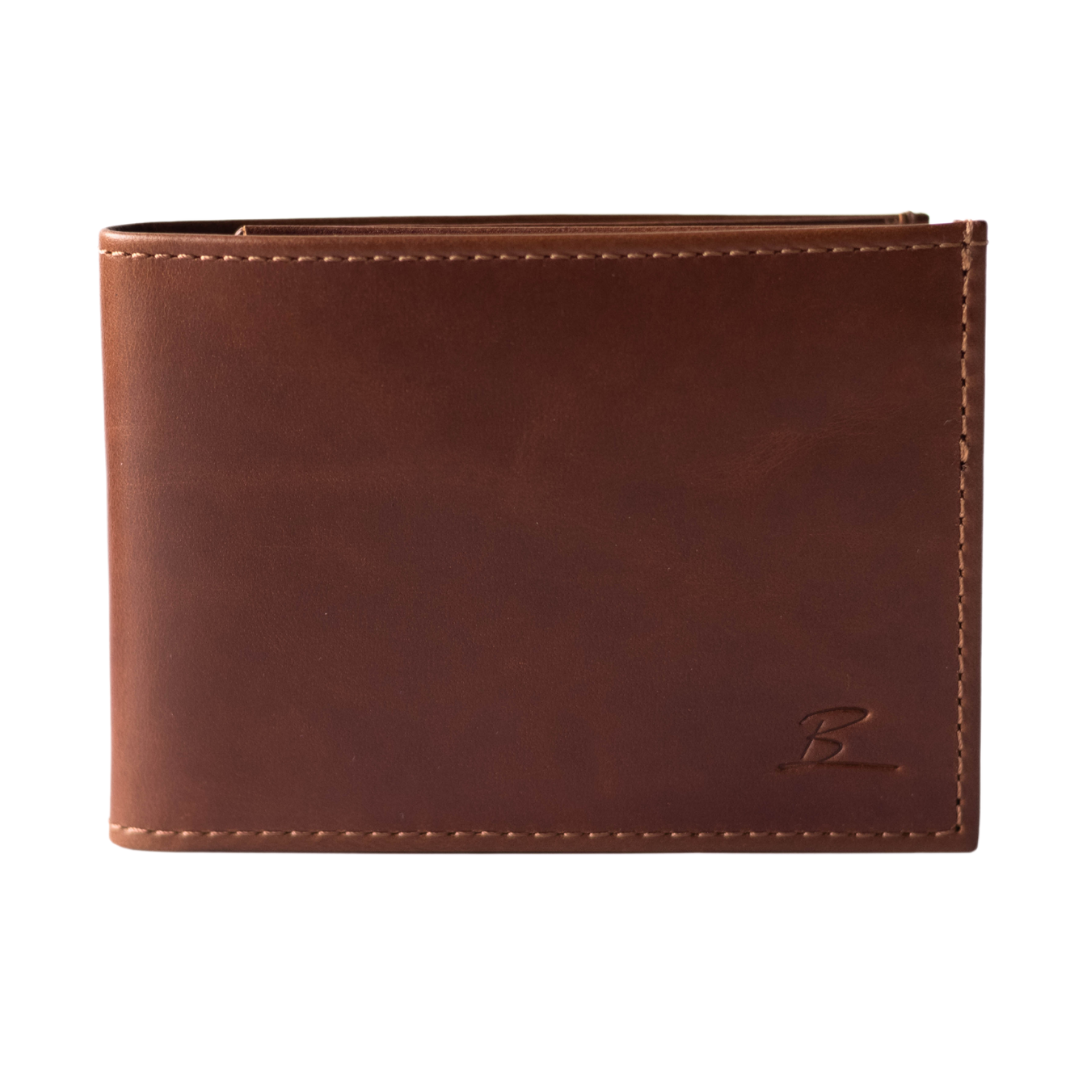 Brown leather wallet with embossed 'B' logo