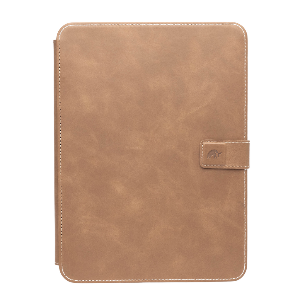 Brown leather iPad case with a clasp and embossed logo